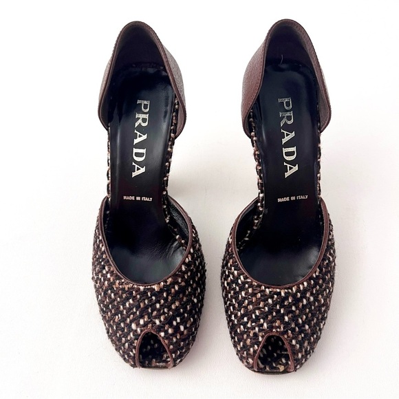 PRADA | Brown Tweed Leather Peep Toe D’Orsay Heels Pumps Vintage Y2K EU 36 - Picture 5 of 14